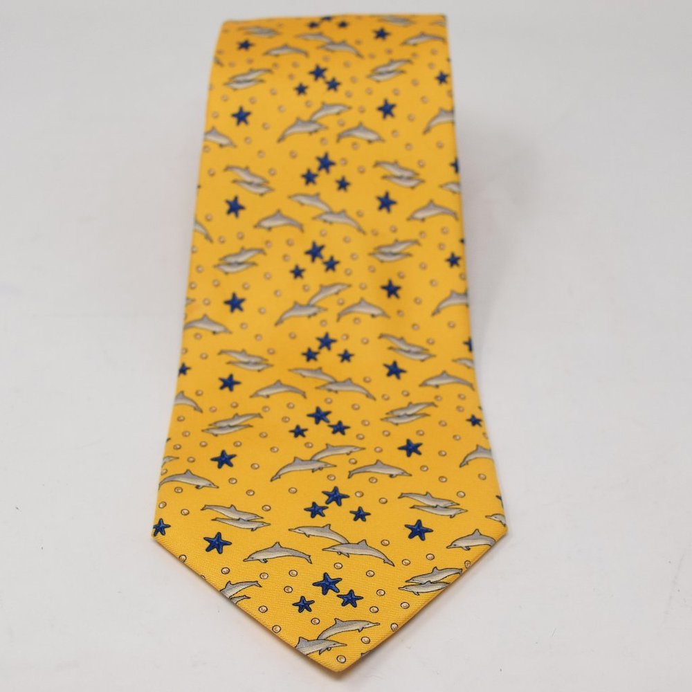 Lancel Paris Necktie Dolphin Starfish Silk Yellow Whimsy Marine Mammal Ocean Fun - Picture 4 of 13